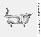 Hand-drawn sketch of old-fashioned bathtub on a white background. Bathroom appliances. Bathroom equipment