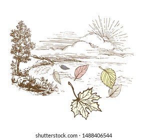 Hand-drawn sketch on an autumn theme - landscape with trees, sun and flying away fallen leaves