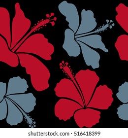 Hand-drawn sketch on a black background. Floral seamless pattern with hibiscus flowers. Design in red and neutral colors for invitation, wedding or greeting cards. Vector hibiscus floral pattern.