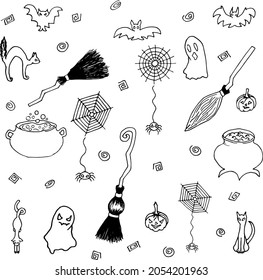 hand-drawn sketch on the Halloween theme. brooms, cats, ghosts, cauldrons, cobwebs, bats