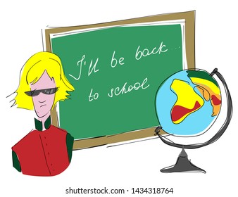 Hand-drawn sketch on school days topic. A grinning school girl standing at the chalkboard with a phrase "I'll be back to school" and globe. Isolated on white background vector illustration.