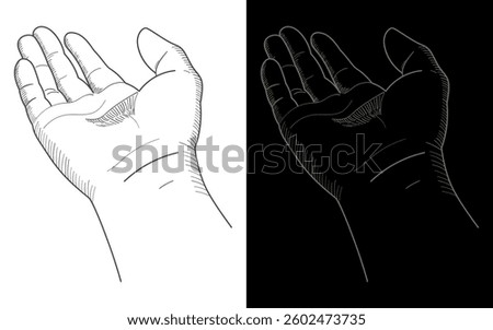 Hand-drawn sketch of an open human hand in two versions, black on a white and grey on a black background. Ideal for concepts of giving, receiving, support, charity, and human connection