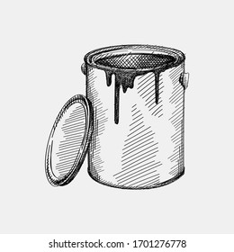 Hand-drawn sketch of an opened paint can with lid neat the can on a white background. Pant flows down the can. Tools for painting walls. Painting gadjets. Painter's kit.