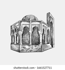 Hand-drawn sketch of Palace of the Shirvanshahs. Shirvanshahs saray. Azerbaijan's architecture of 15th century.