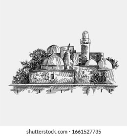 Hand-drawn sketch of Palace of the Shirvanshahs. Shirvanshahs saray. Azerbaijan's architecture of 15th century.