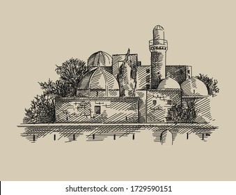 Hand-drawn sketch of Palace of the Shirvanshahs. Shirvanshahs saray. Azerbaijan's architecture of 15th century.	
