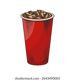 Hand-drawn sketch of  paper cup of  cola with ice  isolated on white background. Fast food vintage illustration. Element for the design of labels, packaging and postcards
