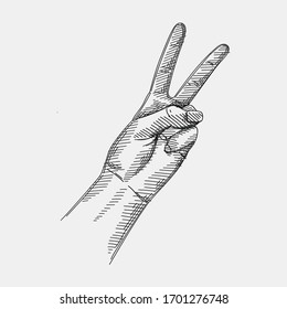 Hand-drawn sketch of The Peace Sign Hand Sign on a white background. Hand Signs And Gestures. Hand poses. 