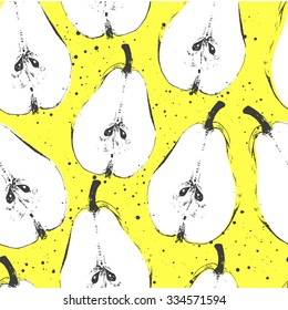 Hand-drawn sketch of pear. Seamless nature background. Fresh organic food. Pear pattern on yellow background.