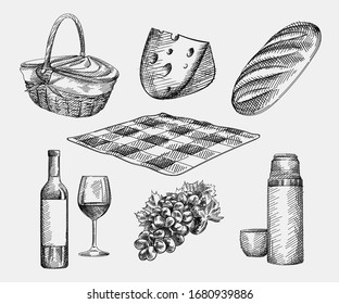 Hand-drawn sketch of picnic set. The set includes basket, cheese, loaf bread, bottle and glass of wine, thermos and a mug, checkered blanket, grapes