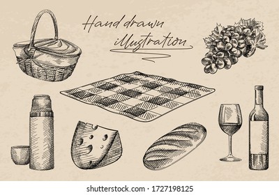 Hand-drawn sketch of picnic set. The set includes basket, cheese, loaf bread, bottle and glass of wine, thermos and a mug, checkered blanket, grapes	

