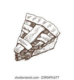 Hand-drawn sketch of piece of traditional apple pie with cream topping. Vector illustration of baking. Homemade bakery drawing. Dessert food for recipes, restaurant. Food for Thanksgiving, Christmas