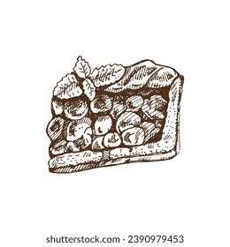 Hand-drawn sketch of piece of traditional cherry pie with mint leaves. Vector illustration of baking. Homemade bakery drawing. Dessert food for recipes, restaurant. Food for Thanksgiving, Christmas