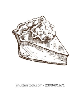 Hand-drawn sketch of piece of traditional pumpkin pie with cream topping. Vector illustration of baking. Homemade bakery drawing. Dessert food for recipes, restaurant. Food for Thanksgiving, Christmas