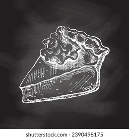 Hand-drawn sketch of piece of traditional pumpkin pie with cream topping on chalkboard background. Vector illustration of baking.  Food for recipes, restaurant. Food for Thanksgiving, Christmas