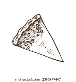 Hand-drawn sketch of piece of traditional pumpkin pie with pecan nuts. Vector illustration of baking. Homemade bakery drawing. Dessert food for recipes, restaurant. Food for Thanksgiving, Christmas
