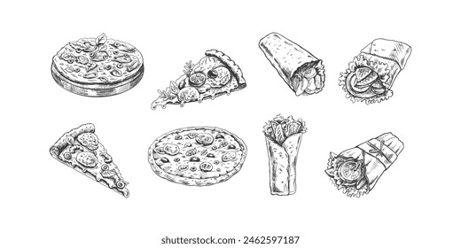 Hand-drawn sketch of pizza and burritos set. Different types of pizza and burrito. Vintage illustration. Element for the design of labels, packaging and postcards.