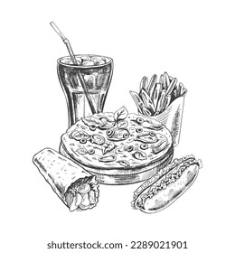 Hand-drawn sketch of pizza, cola glass, burrito, french fries and hot dog,  isolated. Monochrome junk food vintage illustration. Great for menu, poster or restaurant background