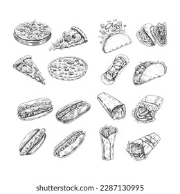 Hand-drawn sketch of pizza, tacos, burritos and hot dog set. Vintage illustration. Element for the design of labels, packaging and postcards
