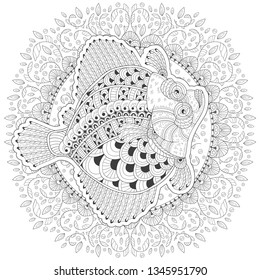 Hand-drawn sketch of a plaice fish in the midst of algae on a white background. Image for coloring pages. Vector illustration