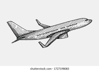 Hand-drawn sketch of plane. Airplane flying up. Aircraft taking off