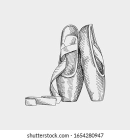 Hand-drawn sketch of pointe shoes on white background. 