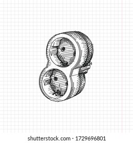 Hand-drawn sketch of power plug adapter 2 side outlets. Electric tee. Electrical tool for energy. Tool for connection. Power and energy connection. Instruments for Electric Power	
