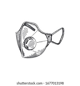 Hand-drawn sketch of protective face mask. Respirator and surgical mask. Protective measures against coronavirus/COVID-19