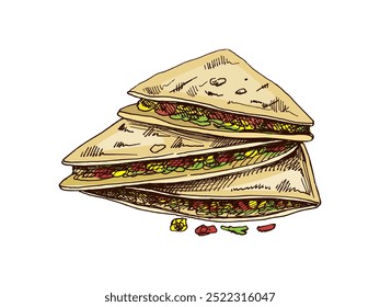 Hand-drawn sketch of quesadilla. Vintage drawing of Mexican dish. Vector black ink outline food illustration. Mexican food, cuisine. An illustration for the menu. Latin America.