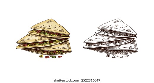 Boceto dibujado a mano de quesadilla. Dibujo en Antiguas de un plato mexicano. Ilustración de comida de contorno de tinta negra de Vector. Comida mexicana, cocina. Una ilustración para el menú. Latina América.