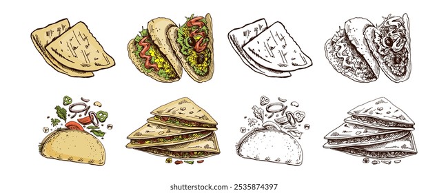 Esboço desenhado à mão de quesadilla. Desenho vintage de prato mexicano. Ilustração de comida com contorno de tinta preta vetorial. Comida mexicana, cozinha. Uma ilustração para o menu. América Latina.