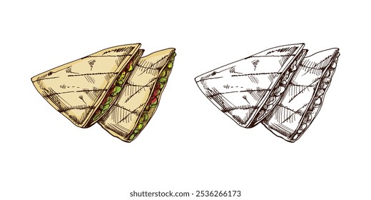 Boceto dibujado a mano de quesadilla. Dibujo en Antiguas de un plato mexicano. Ilustración de comida de contorno de tinta negra de Vector. Comida mexicana, cocina. Una ilustración para el menú. Latina América.