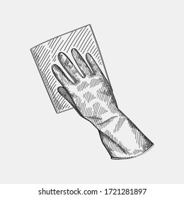 Hand-drawn sketch of rag and glove on a white background. Cleaning equipment. Housekeeping and house work. 