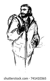 Hand-drawn sketch of a random passerby without background. Man in jacket with cigarette and backpack.