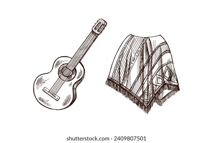 Hand-drawn sketch of realistic mexican poncho and guitar. Vintage drawing. Vector black ink outline illustration. Mexican culture. Latin America.