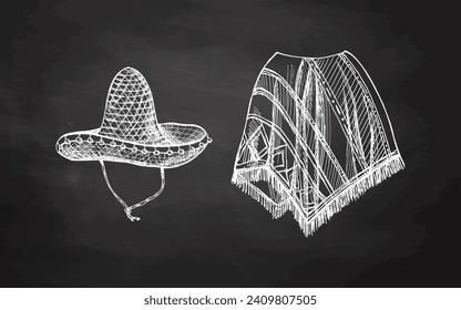 Hand-drawn sketch of realistic mexican poncho and sambrero on chalkboard background. Vintage drawing of Latin American national clothes. Mexican culture. 