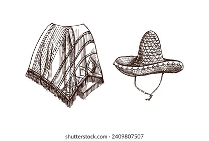 Hand-drawn sketch of realistic mexican poncho and sambrero. Vintage drawing of Latin American national clothes. Vector black ink outline illustration. Mexican culture. Latin America.