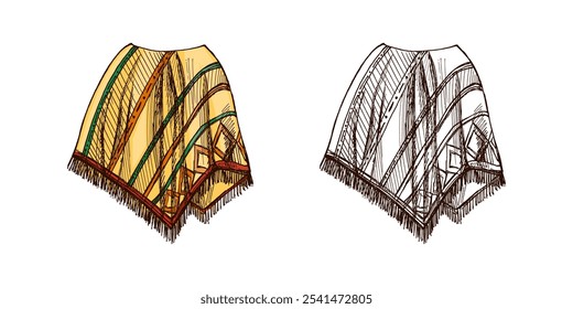 Handgezeichnete Skizze von realistischen mexikanischen Poncho. Vintage-Zeichnung lateinamerikanischer Nationalkleidung. Vektorgrafik mit schwarzer Freihandkontur. Mexikanische Kultur. Lateinamerika.