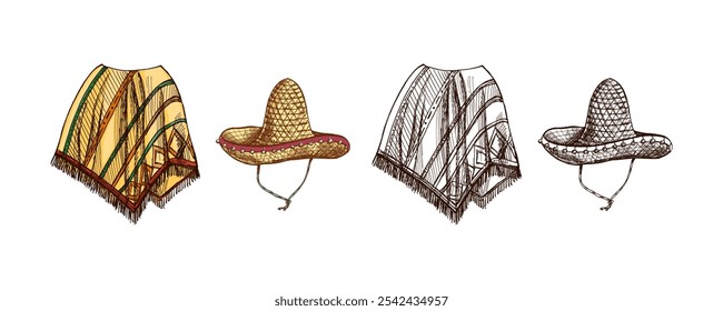 Handgezeichnete Skizze von realistischen mexikanischen Poncho und Sambrero. Vintage-Zeichnung lateinamerikanischer Nationalkleidung. Vektorgrafik mit schwarzer Freihandkontur. Mexikanische Kultur. Lateinamerika.