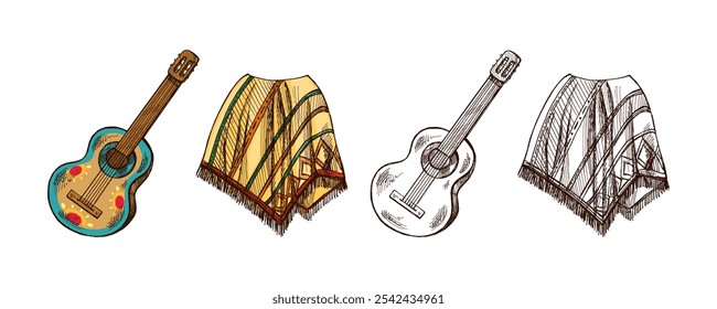 Hand-drawn sketch of realistic mexican poncho and guitar. Vintage drawing. Vector black ink outline illustration. Mexican culture. Latin America.