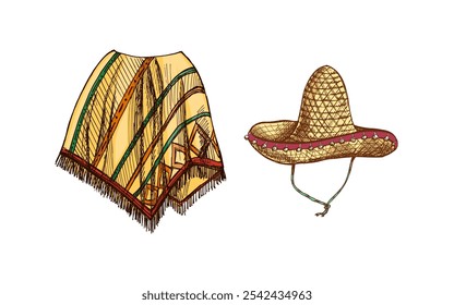 Handgezeichnete Skizze von realistischen mexikanischen Poncho und Sambrero. Vintage-Zeichnung lateinamerikanischer Nationalkleidung. Vektorgrafik mit schwarzer Freihandkontur. Mexikanische Kultur. Lateinamerika.