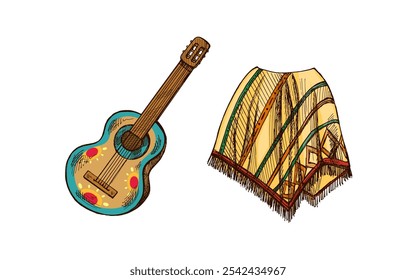 Hand-drawn sketch of realistic mexican poncho and guitar. Vintage drawing. Vector black ink outline illustration. Mexican culture. Latin America.