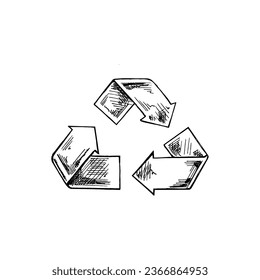 Hand-drawn sketch of recycle symbol on a white background. Eco concept. Vector doodle icon. Retro style. 	