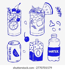 Hand-drawn sketch of refreshing drinks, including cocktails, cans, juice boxes, and water bottles. Each item shows vibrant, playful details like cherries, citrus slices, mint leaves, and ice