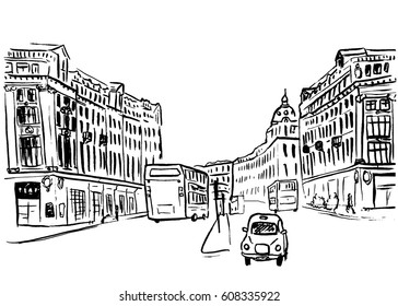 Hand-drawn sketch of Regent Street in the West End of London, United Kingdom
