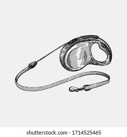 Hand-drawn sketch of retractable dog leash on a white background. Retractable dog leash. Pet supplies. Care for home animals. 