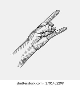 Hand-drawn sketch of The Rock N’ Roll Hand Sign on a white background. Hand Signs And Gestures. Hand poses. 