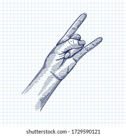 Hand-drawn sketch of The Rock N’ Roll Hand Sign on a white background. Hand Signs And Gestures. Hand poses.	
