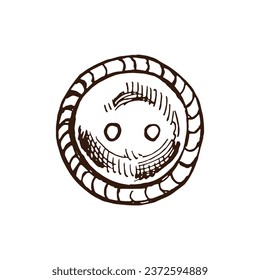Handgezeichnete Skizze mit Rundnähknopf. Handgefertigte Nähtechnikkonzepte im Vintage-Doodle-Stil. Gravur-Stil.