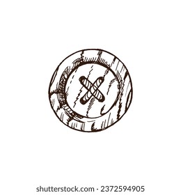 Hand-drawn sketch of round wooden sewing button. Handmade, sewing equipment concept in vintage doodle style. Engraving style.